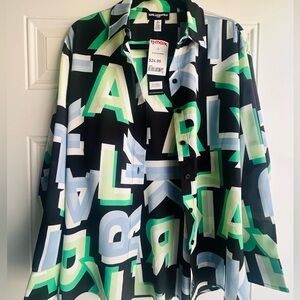 Karl Langerfeld Paris.Long sleeve button down, blue and green letters blouse